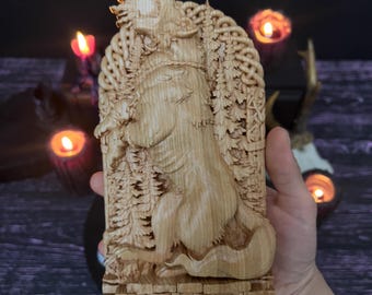 Fenrir Wooden Statue, Norse Mythology, Viking Home Decor, Pagan Altar Sculpture, Hand Carved Norse