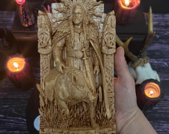 Freyr Norse God Ash Wood Statue, Fertility Sculpture, Asatru Altar Decor, Pagan Mythology Carving
