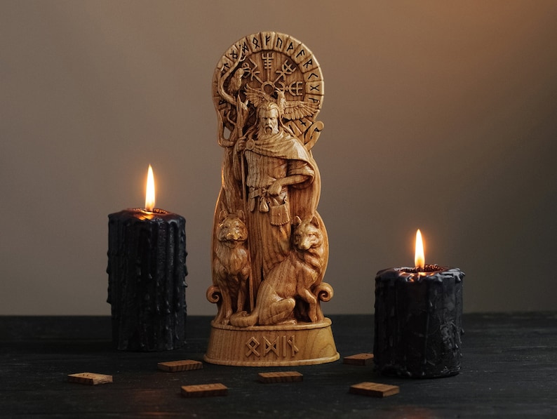 Statue d'Odin, Allfather, Wotan, dieux nordiques, Allfather, Viking païen asatru dieu païen et déesse dieux nordiques autel mythologie sculpture en bois image 1