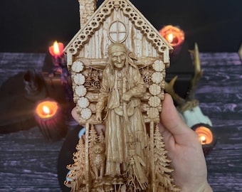 Baba Yaga Wooden Statue | Hand Carved Ash Wood Witch Folklore Sculpture
