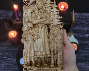 Angrboda Wooden Statue, Norse Mythology Wood Carving, Hand Carved Ash Altar Decor