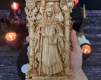 Hand Carved Wood Volva Statue, Norse Seeress Altar Decor, Pagan Shaman Sculpture
