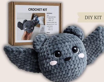 Beginner Bat Crochet Kit, Amigurumi Plush Halloween DIY Set