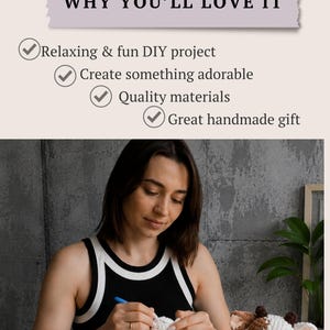 May include: A crochet kit featuring a brown and white plush cow, a blue crochet hook, and text that reads: WHY YOU'LL LOVE IT, Relaxing & fun DIY project, Create something adorable, Quality materials, Great handmade gift. The kit includes yarn and tools.