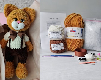 DIY cat - crochet kit for beginners with yarn - amigurumi handmade - craft set