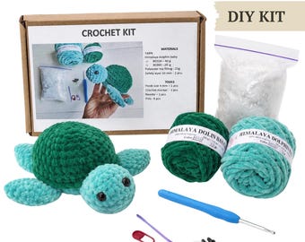 Turtle Crochet Kit in Green Pink or Purple, Beginner Friendly DIY Plush Project with Pattern and Tools