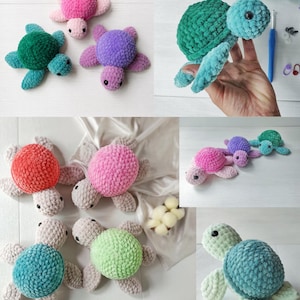 Finished crochet turtles in multiple pastel color combinations made from the pattern