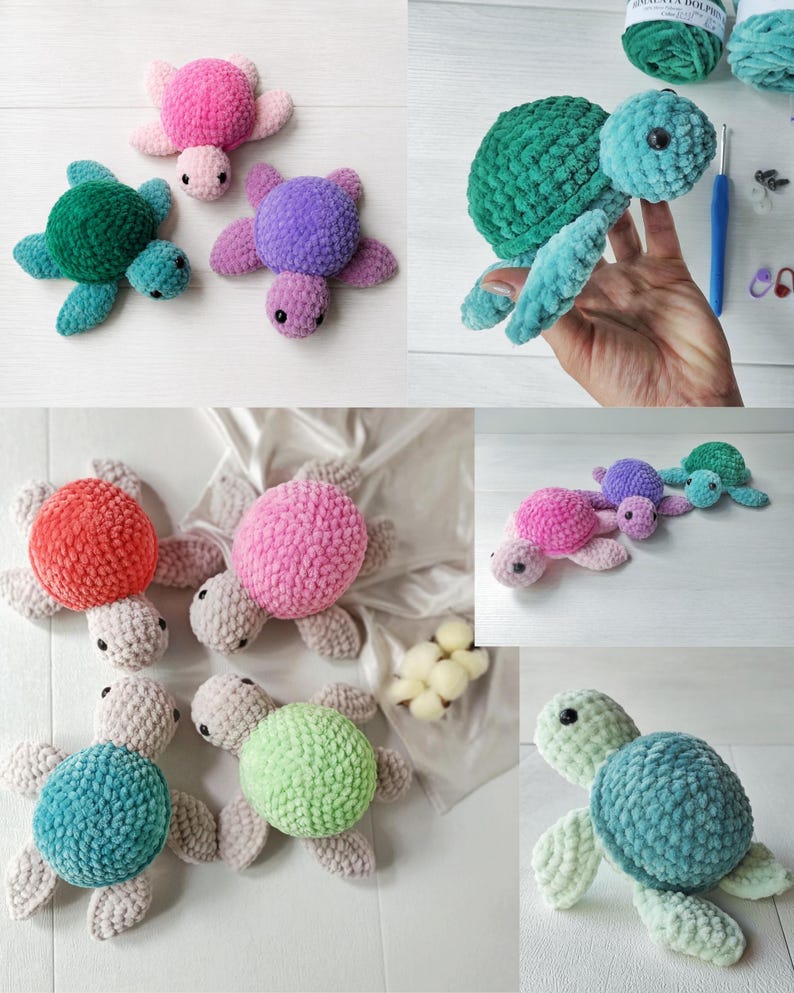 Finished crochet turtles in multiple pastel color combinations made from the pattern