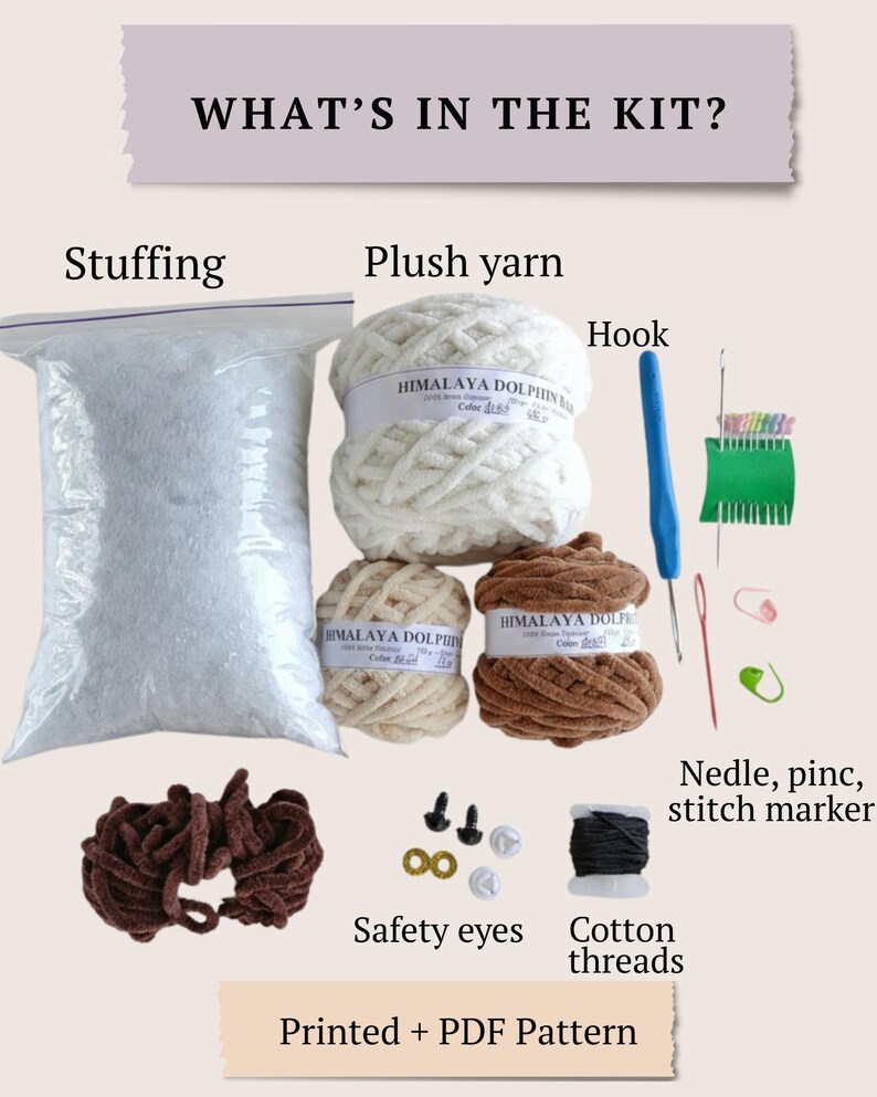 Materials for cow crochet kit including plush yarn, stuffing, hook and tools