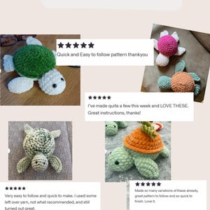 May include: A collection of crocheted turtle plushies in various colors including green, white, pink, and orange, displayed alongside text that reads 20+ Five-Star Reviews and customer feedback praising the easy-to-follow crochet patterns.