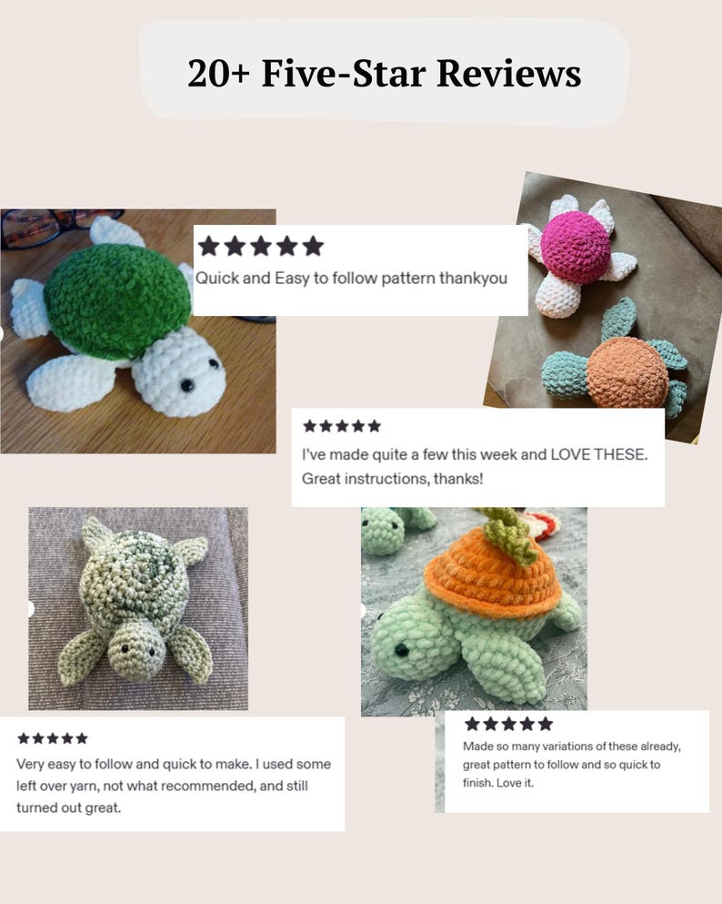 May include: A collection of crocheted turtle plushies in various colors including green, white, pink, and orange, displayed alongside text that reads 20+ Five-Star Reviews and customer feedback praising the easy-to-follow crochet patterns.