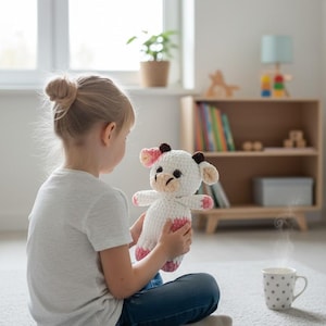 May include: A handmade crochet stuffed animal shaped like a cow, featuring a white body with pink patches on the ears, feet, and lower torso, dark brown horns, and black safety eyes, held in a seated position with a soft, textured yarn finish.