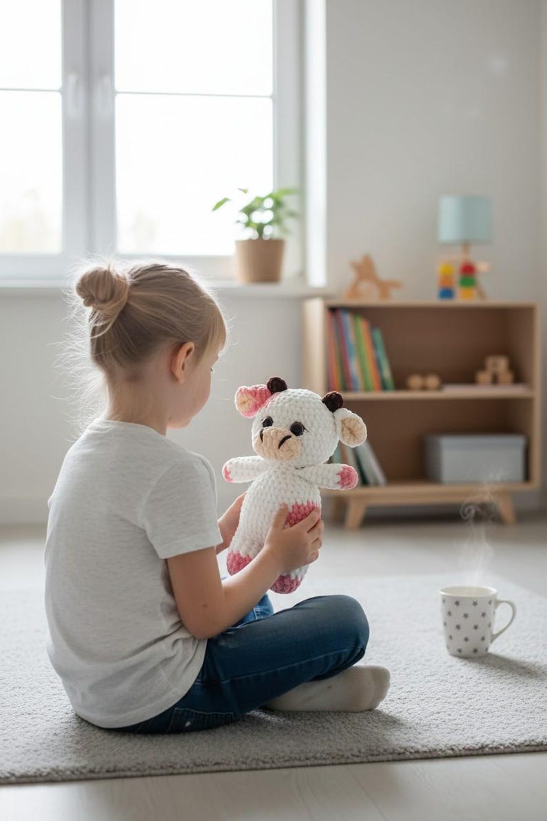 May include: A handmade crochet stuffed animal shaped like a cow, featuring a white body with pink patches on the ears, feet, and lower torso, dark brown horns, and black safety eyes, held in a seated position with a soft, textured yarn finish.