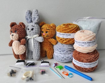 Crochet kit BEAR,  CAT, BUNNY- amigurumi kit for beginner with yarn - amigurumi animal - diy - craft