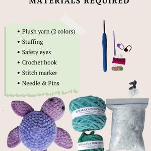 May include: A crochet kit featuring a purple plush turtle, two skeins of teal Himalaya Dolphin Baby yarn, a bag of stuffing, a blue crochet hook, a purple needle, stitch markers, pins, and black safety eyes with a list of materials required.