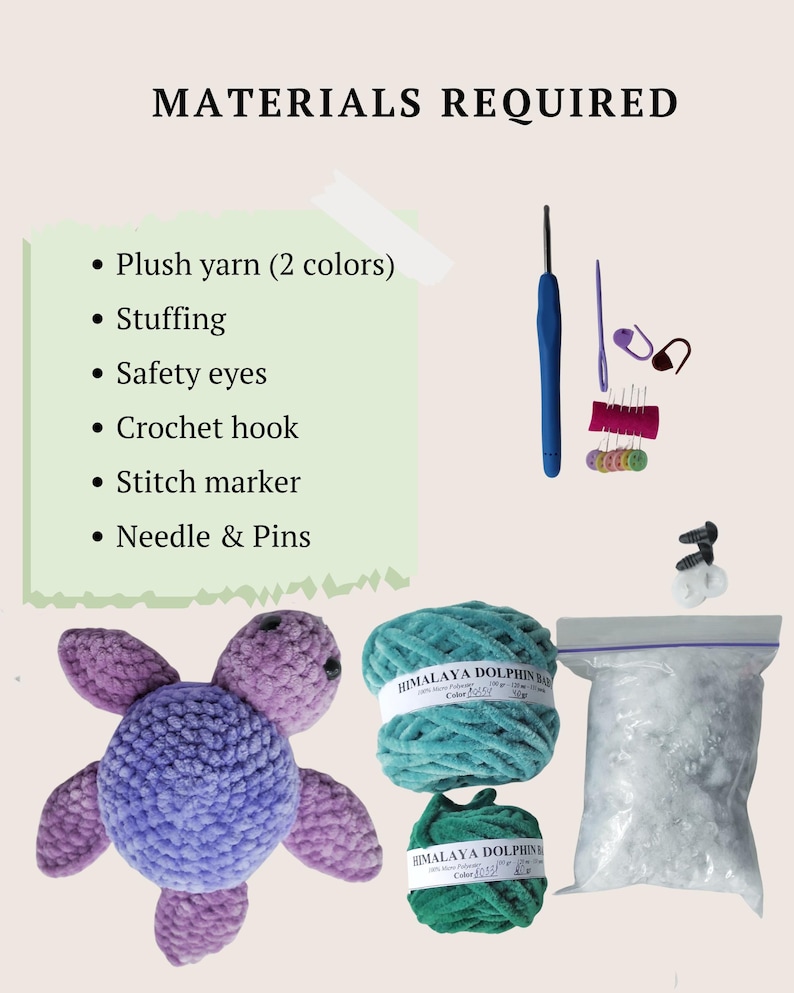 May include: A crochet kit featuring a purple plush turtle, two skeins of teal Himalaya Dolphin Baby yarn, a bag of stuffing, a blue crochet hook, a purple needle, stitch markers, pins, and black safety eyes with a list of materials required.