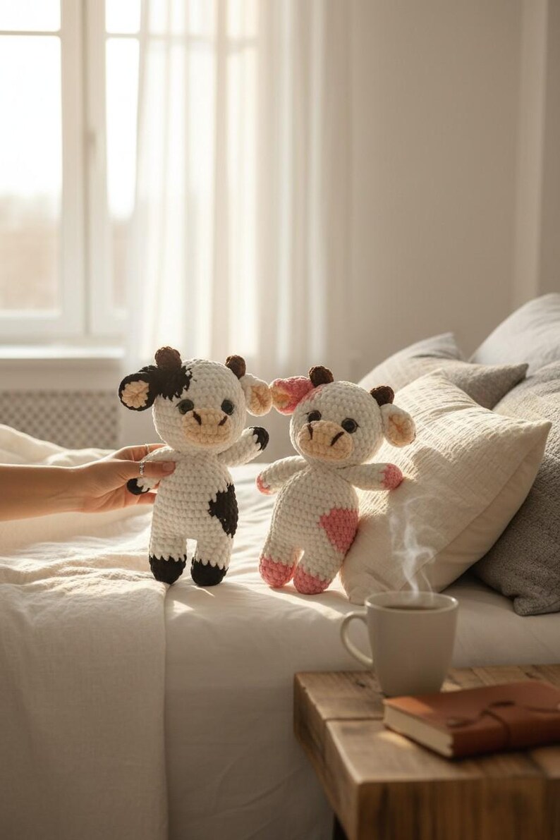 May include: Two handmade crochet cow plush toys. One cow is white with black spots, black ears, and black hooves. The second cow is white with pink spots, pink ears, and pink hooves. Both plushies feature dark eyes and light tan muzzles.