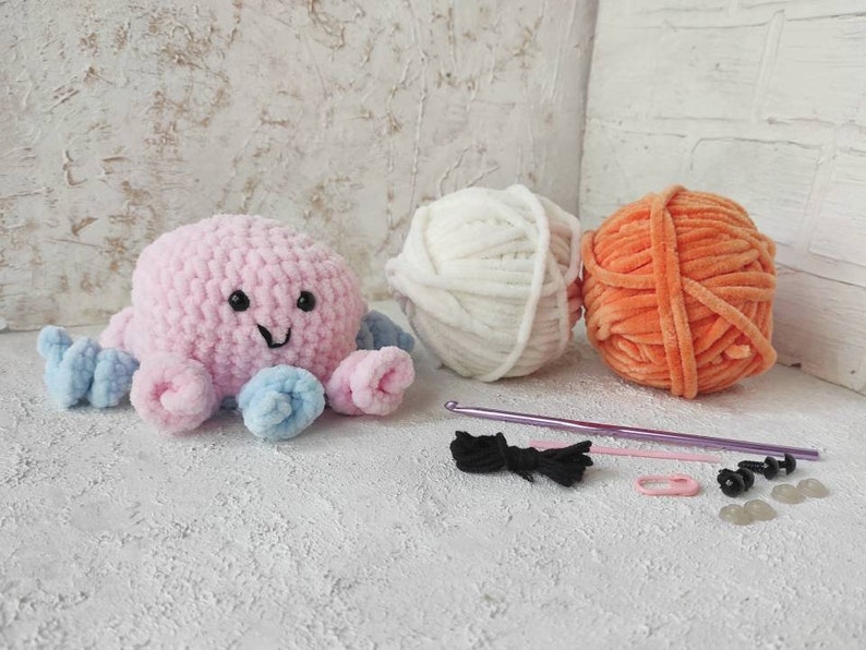 Reversible octopus crochet kit Beginner crochet patterns amigurumi Plush amigurumi kits for beginners with yarn crochet DIY image 1