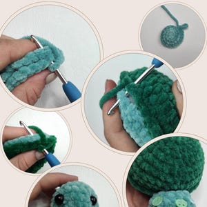 Close up examples from turtle crochet pattern showing step by step construction process