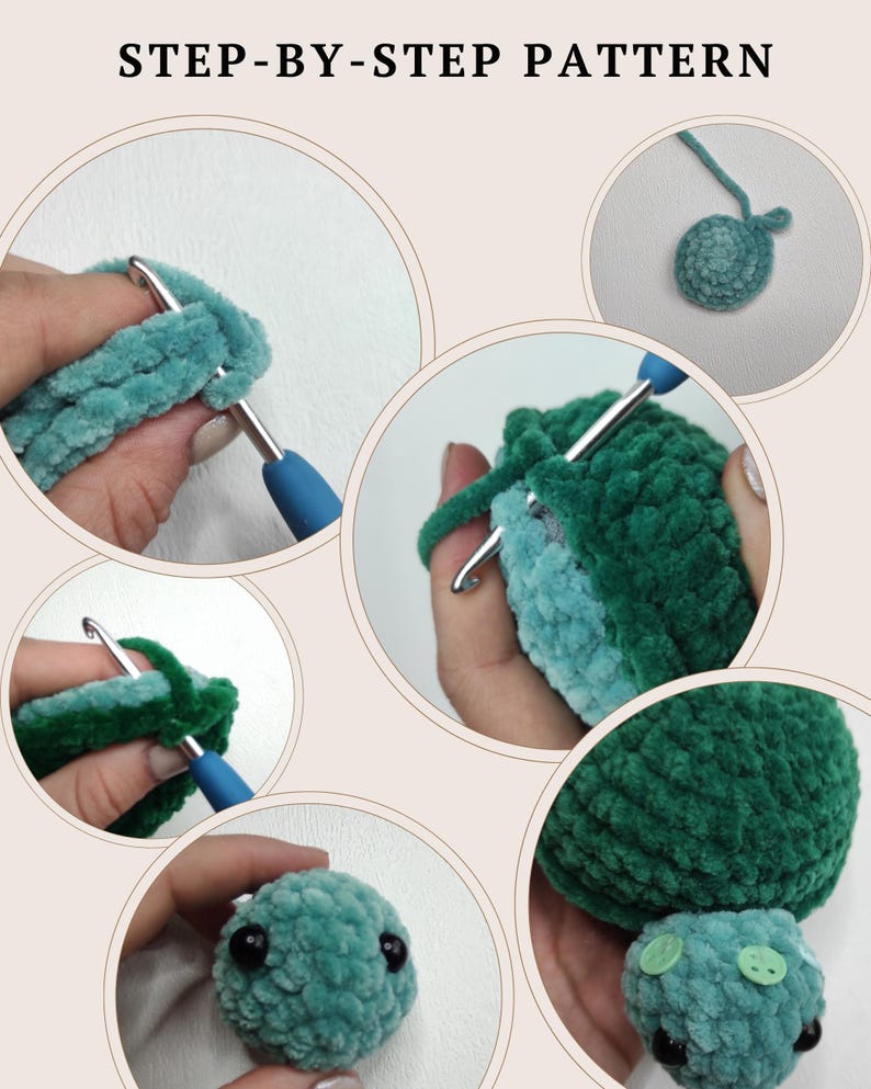 Close up examples from turtle crochet pattern showing step by step construction process