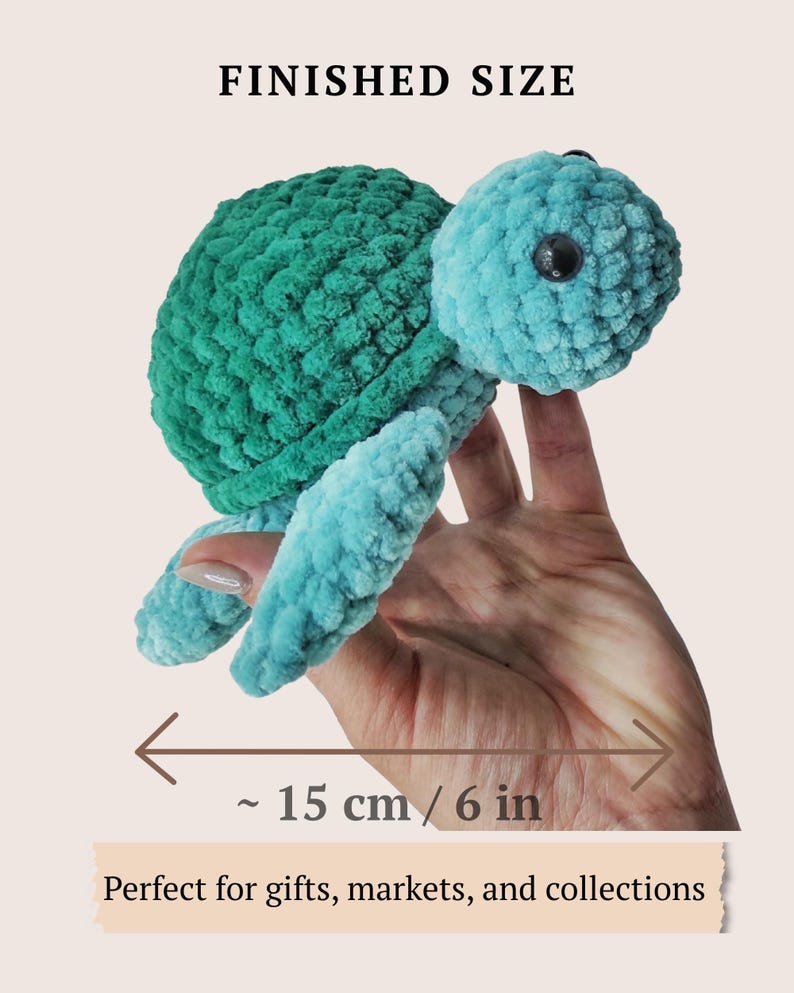 May include: A crocheted turtle plush toy with a dark green shell and light blue head and flippers. The turtle features black plastic eyes. A horizontal arrow indicates a finished size of approximately 6 inches. Text reads FINISHED SIZE.