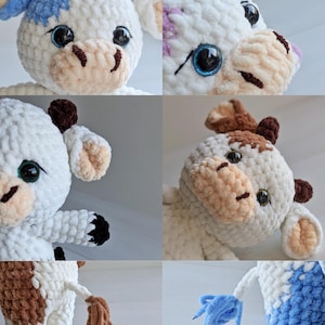 Close up collage showing plush cow face details ears eyes and tail