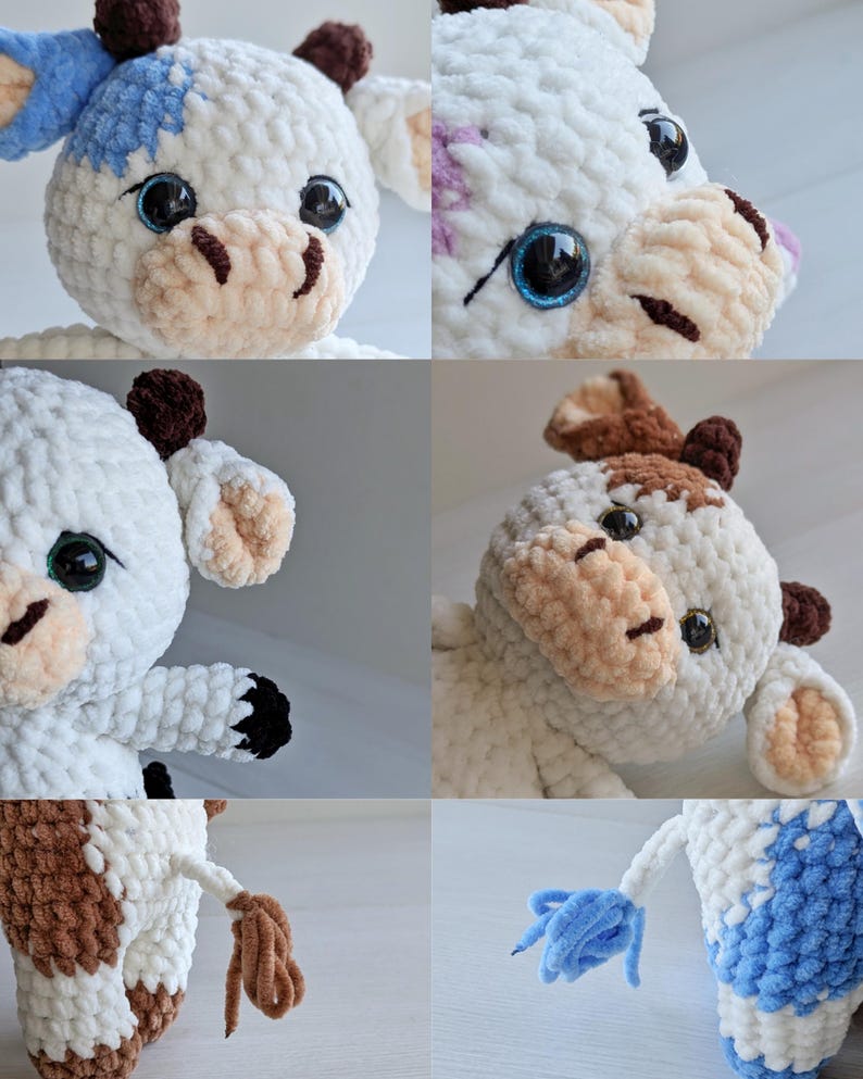 Close up collage showing plush cow face details ears eyes and tail
