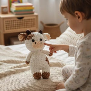 May include: A small, handmade crochet cow plush toy featuring a white body with brown patches on the ears, head, and feet. The stuffed animal has a light tan muzzle, dark brown horns, and black safety eyes, crafted with a soft, textured yarn finish.