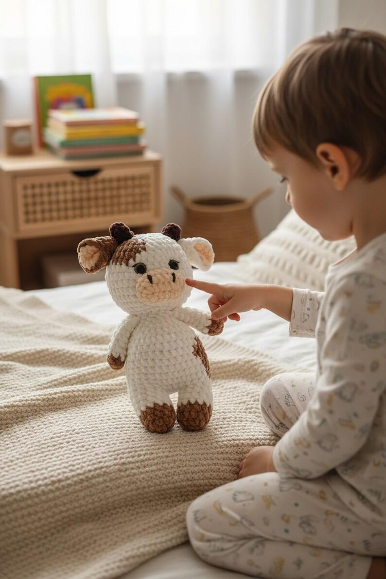 May include: A small, handmade crochet cow plush toy featuring a white body with brown patches on the ears, head, and feet. The stuffed animal has a light tan muzzle, dark brown horns, and black safety eyes, crafted with a soft, textured yarn finish.