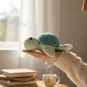 May include: A small, handmade crochet turtle toy featuring a soft, light green body and a textured, darker teal shell. The plush sea creature has a rounded head with a single visible black bead eye and four small, rounded flippers.