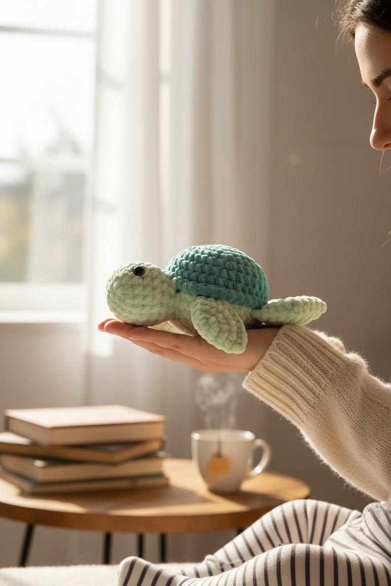 May include: A small, handmade crochet turtle toy featuring a soft, light green body and a textured, darker teal shell. The plush sea creature has a rounded head with a single visible black bead eye and four small, rounded flippers.