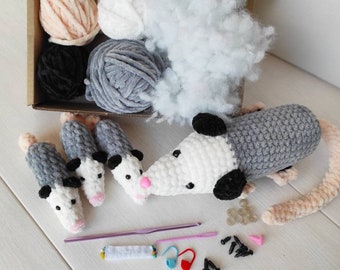 Crochet Opossum Kit: Amigurumi Family, Beginner DIY