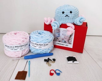 Reversible octopus crochet kit - Beginner crochet  patterns amigurumi  - Plush amigurumi kits for beginners with yarn - crochet DIY