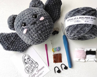 Bat crochet kit - amigurumi bat  - Plush amigurumi kits for beginners with yarn - crochet DIY Halloween gift -