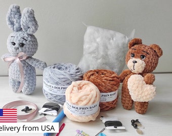 Crochet kit BEAR and BUNNY - amigurumi kit for beginner with yarn - amigurumi animal - DIY - craft
