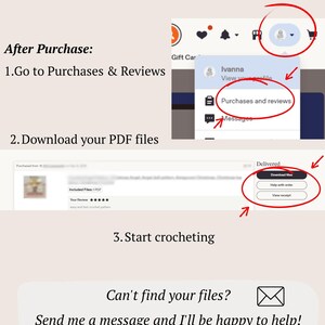 May include: An instructional graphic for a digital download. It displays three steps: go to Purchases & Reviews, download PDF files, and start crocheting. Red circles and arrows highlight the profile menu, the Purchases and reviews link, and the Download files button.