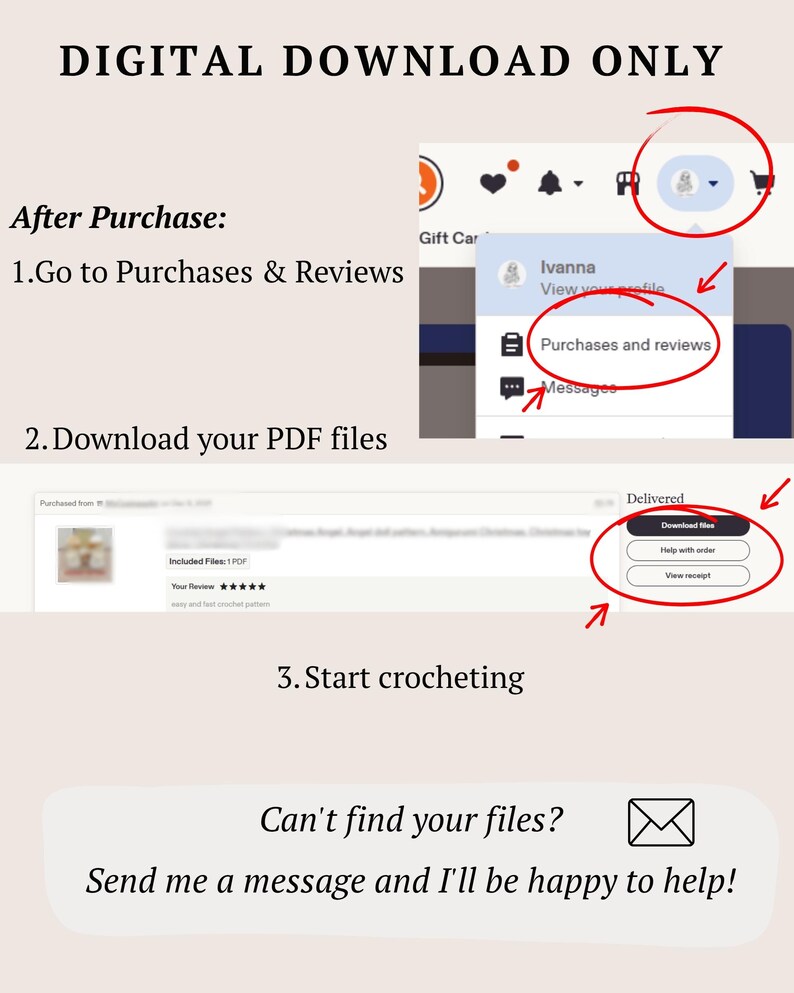 May include: An instructional graphic for a digital download. It displays three steps: go to Purchases & Reviews, download PDF files, and start crocheting. Red circles and arrows highlight the profile menu, the Purchases and reviews link, and the Download files button.
