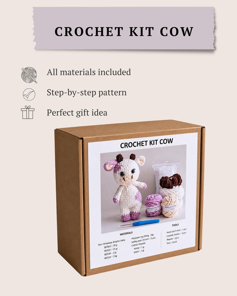 Complete DIY crochet kit for cow plush toy in gift packaging