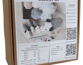 Crochet kit family opossum - amigurumi kit for beginners with yarn - DIY crochet baby possum