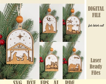 Nativity Scene Christmas Snow Globe Ornament SVG Bundle, Nativity Ornaments Laser Cut File, Family Christmas Decor Digital Glowforge