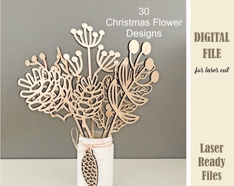 Winter flowers SVG Bundle, Christmas branches, Wildflowers svg, Laser Cut Glowforge Cricut Digital Files, Bouquet for Mom, Wood Flowers
