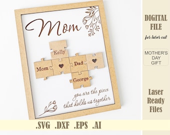 Mom Puzzle Sign SVG Laser Cut File, Engraved Mothers Day Puzzle, Mother’s day gift from Kids Husband, Glowforge Digital Download