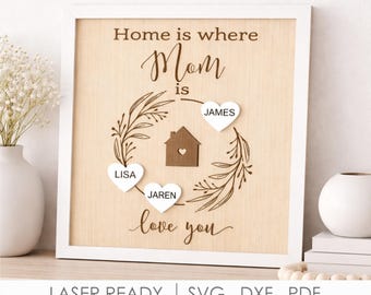 Home Is Where Mom Is SVG, Family Name Sign, Hearts Mother's Day Laser File