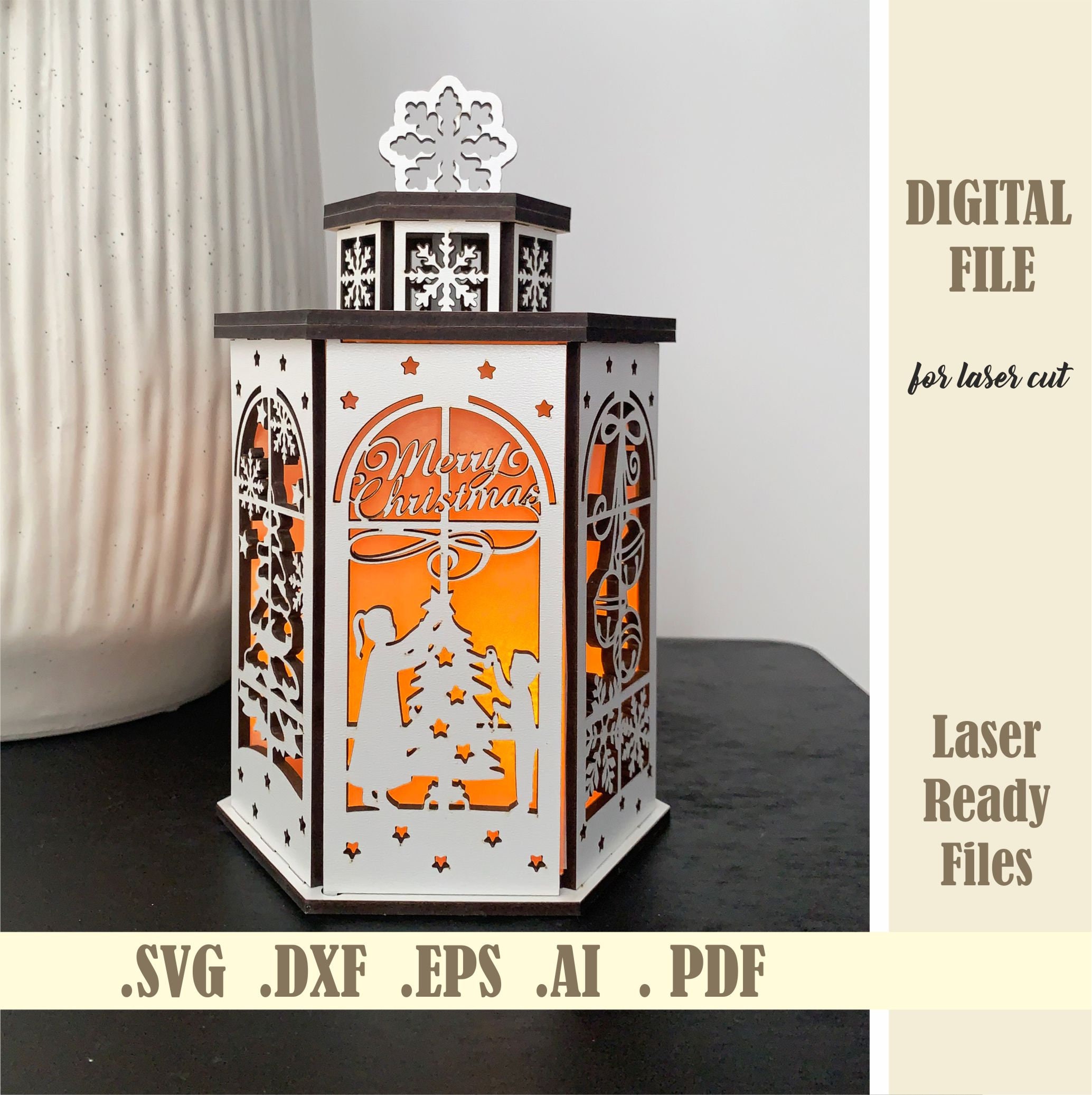Christmas Lantern SVG File, Wood Christmas Candle Holder Laser Cut