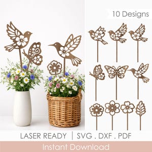 Fågelväxtpinnar SVG-paket laserfil, fjäril och blomkrukadekor
