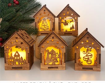 Light Up Christmas Village Lantern SVG Bundle, 5 Wooden House Laser Cut Files