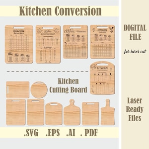 Kitchen Conversion Chart SVG Bundle, Kitchen Conversions Laser Cut File, Cutting Boards svg, Glowforge Digital Download, Kitchen SVG Design