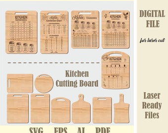 Kitchen Conversion Chart SVG Bundle, Kitchen Conversions Laser Cut File, Cutting Boards svg, Glowforge Digital Download, Kitchen SVG Design