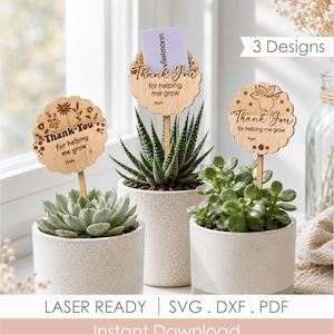 May include: Three potted plants with wooden signs that read "Thank You for helping me grow." The signs are in a scalloped shape with floral designs. The pots are white and the plants are succulents.