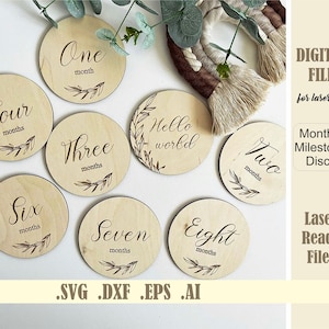 Monatliche Meilenstein Scheiben SVG, Laser geschnittene Datei Baby Requisiten SVG, Meilenstein Karten digitale Dateien, Baby Namensschild Download, Baby Ankündigung